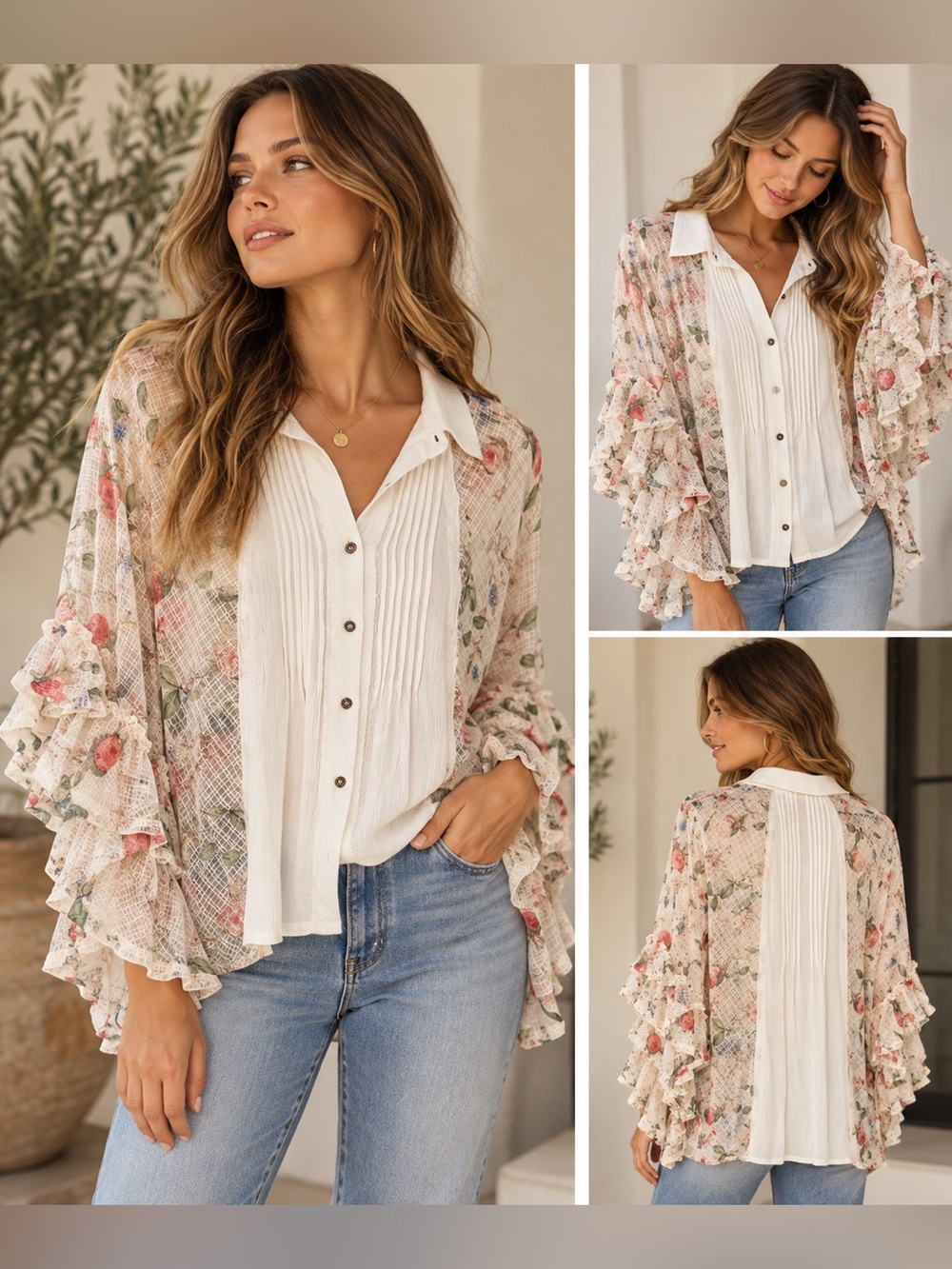 POL Floral Sheer Ruffle Button-Front Blouse Size S